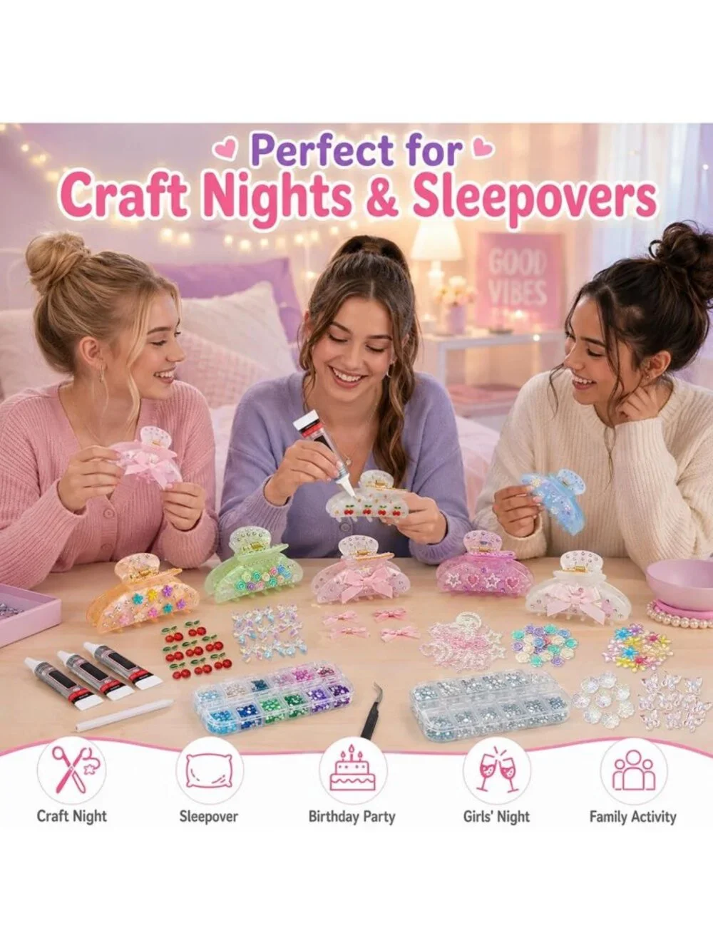 DIY Claw Clip Decorating Kit - 6 Acrylic Hair Clips with Rhinestones & Charms